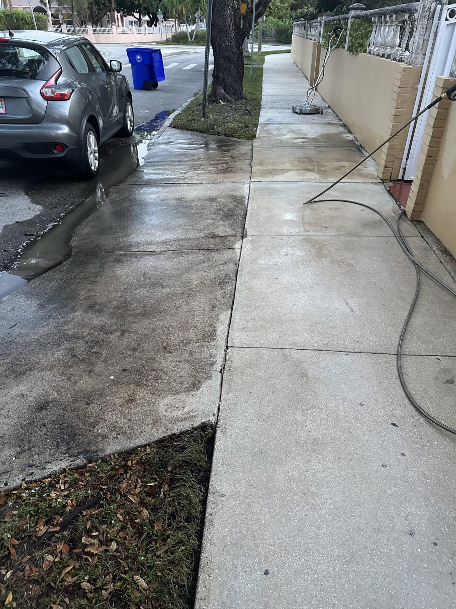 Freshly cleaned sidewalk beside a Miami driveway