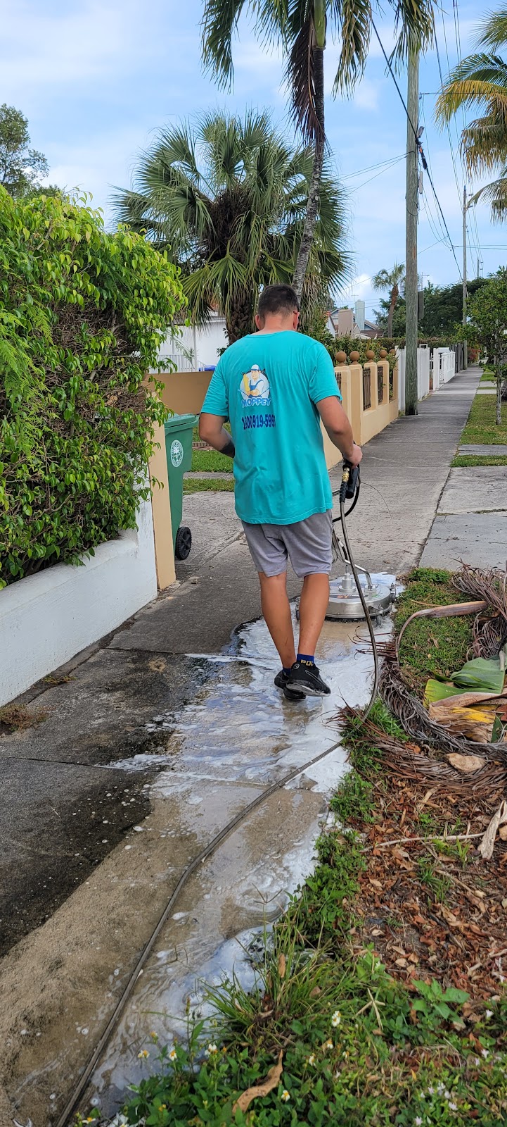 Technician pressure washing a Miami walkway